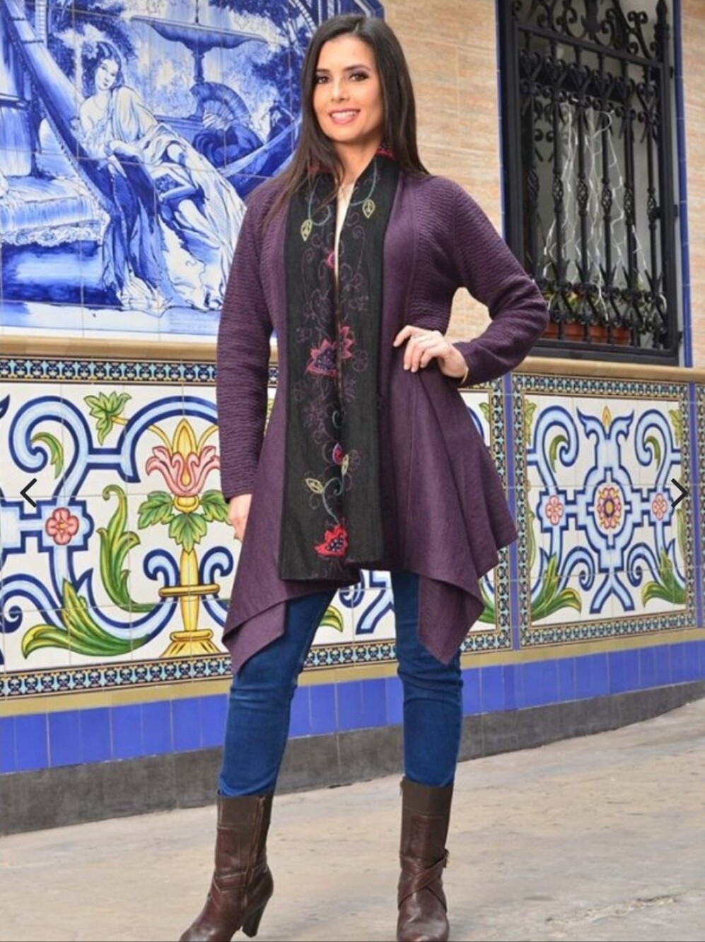 Peruvian Link Alpaca Collection Purple Floral Embroidered Waterfall Cardigan OS